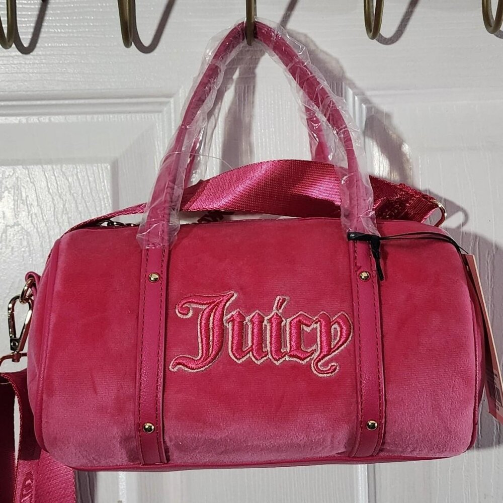 Juicy Couture Hot Pink Queen of Everything Free Love Velour Mini Barrel Bag